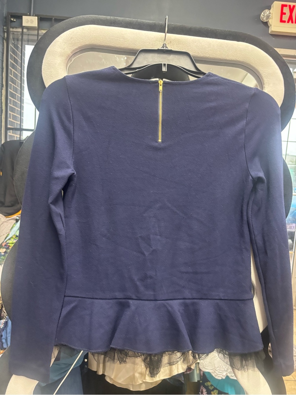 J CREW,Navy Long-Sleeve Peplum Top with Tulle Hem - Picture 2 of 5